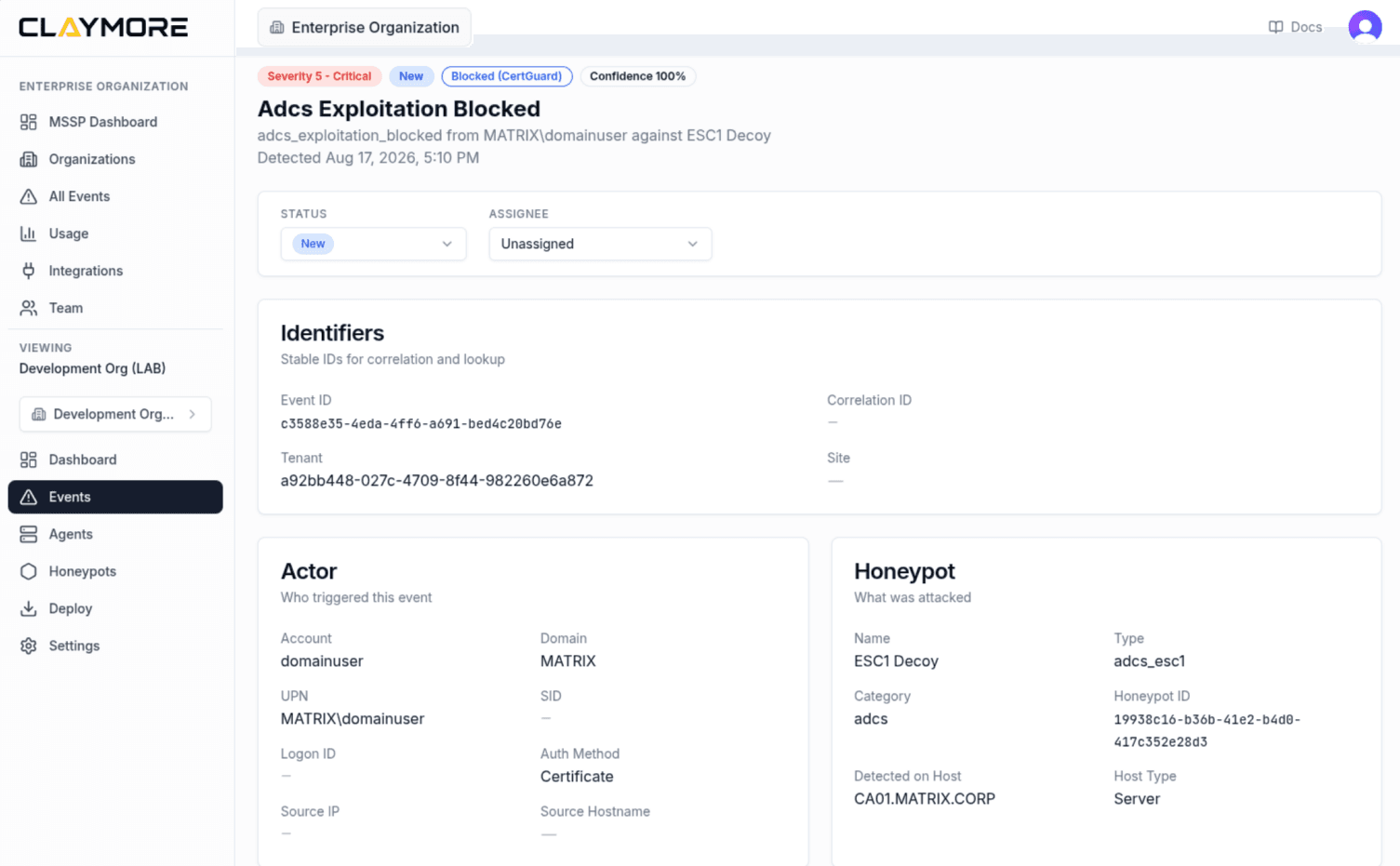 Event detail view showing severity, CertGuard blocked status, correlation identifiers, the actor account, and the targeted decoy